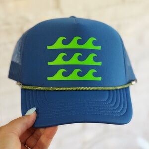 Wave Ride Trucker Hat – Royal Blue Hat with Neon Green Waves & Rhinestones